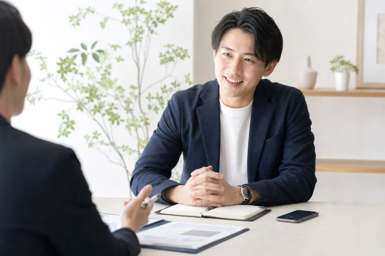 明るい相談スペースで婚活プランナーに相談する男性