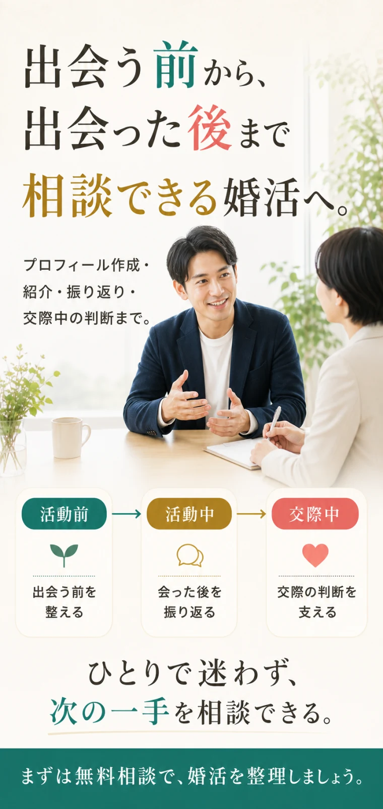 出会う前から、出会った後まで相談できる婚活へ。プロフィール作成、紹介、会った後の振り返り、交際中の判断まで相談できるサポートです。
