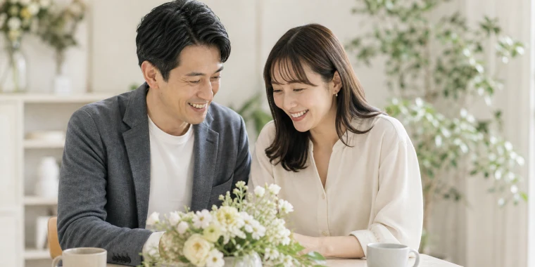 花のある明るい室内で微笑む40代前半の男性と30代後半の女性
