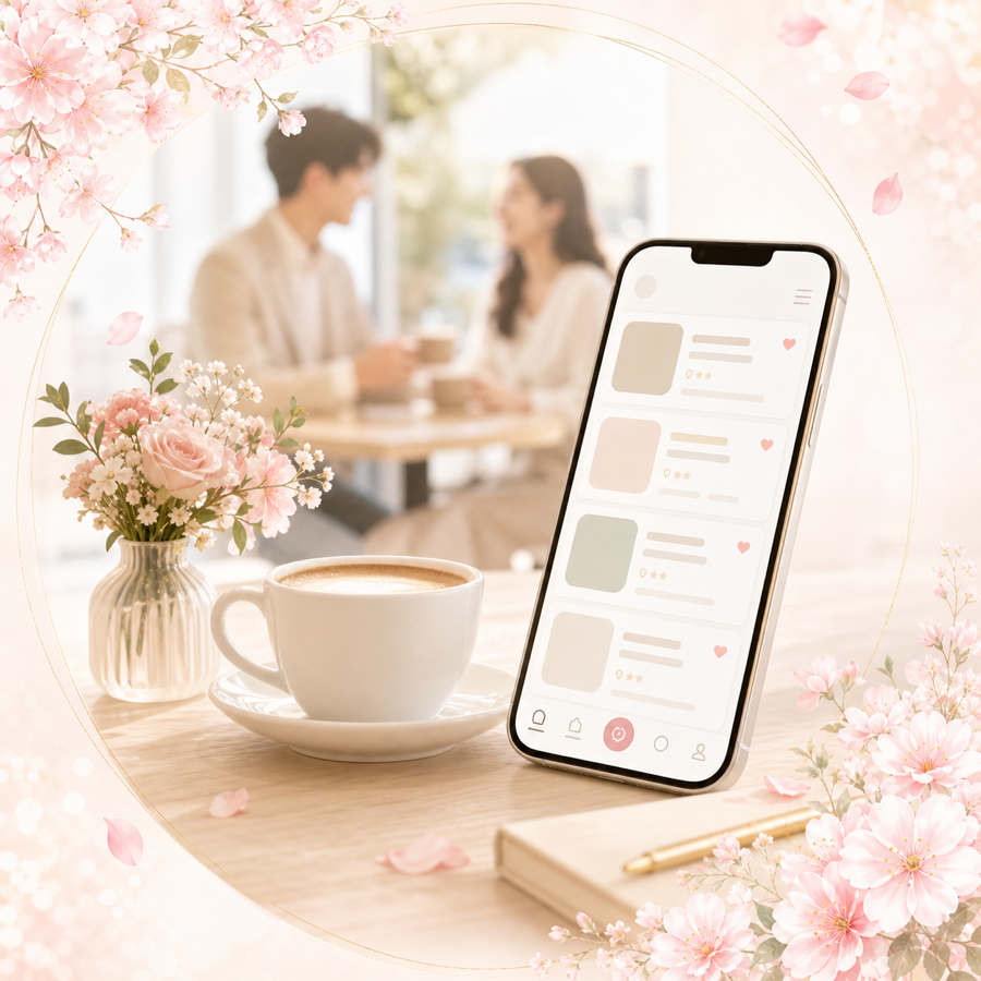 デート向けのお店検索をイメージしたスマートフォン画面とカフェのビジュアル