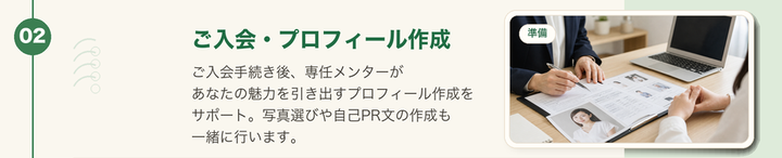 ステップ2。ご入会後、専任メンターがプロフィール作成をサポートします。