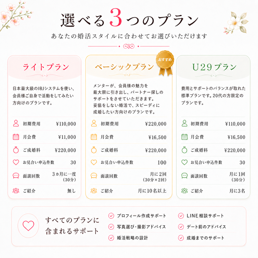 選べる3つのプラン。お見合い申込件数はライトプラン30件、ベーシックプラン100件、U29プラン30件。各プランの初期費用、料金、サポート内容を紹介しています。